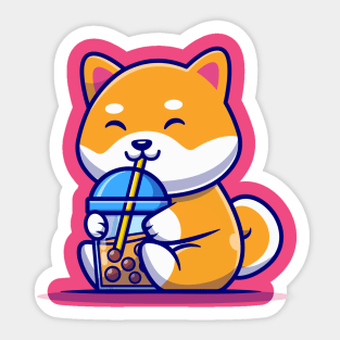 Cute Shiba Inu Dog Drink Milk Tea Boba Cartoon Sticker